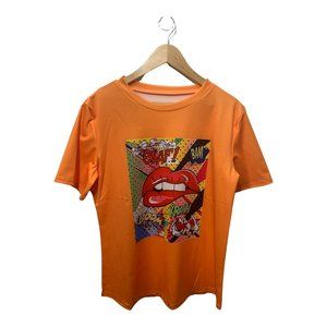 VIVID ORANGE SS GRAPHIC TOP RED LIPS COLORFUL COMIC SOUND GRAPHICS SIZE XL